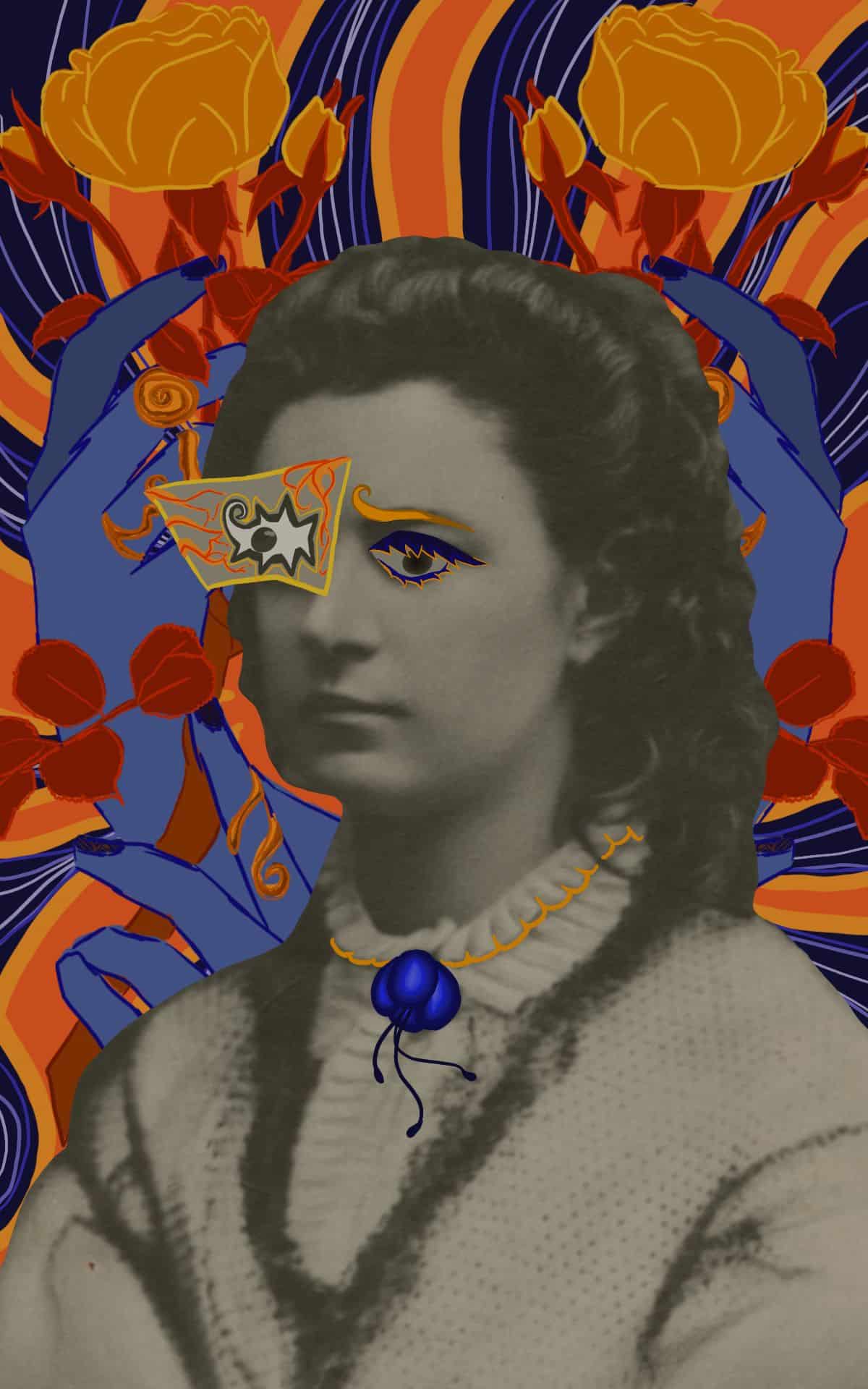 Stiliseeritud kunstiteos Lydia Koidule portreest, kus mustvalgele fotole on lisatud värvilised graafilised elemendid, lillemotiivid ja abstraktsed mustrid.