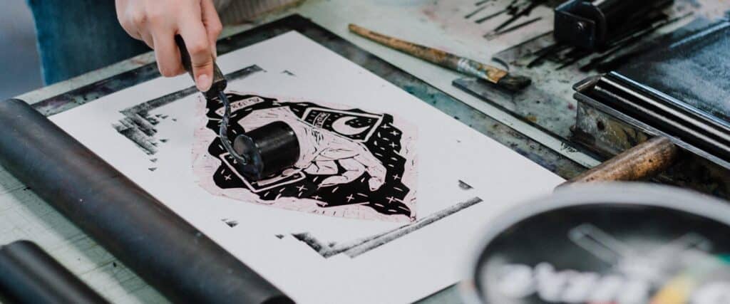 Linocut blind embossing and color printing at Tartu TYPA