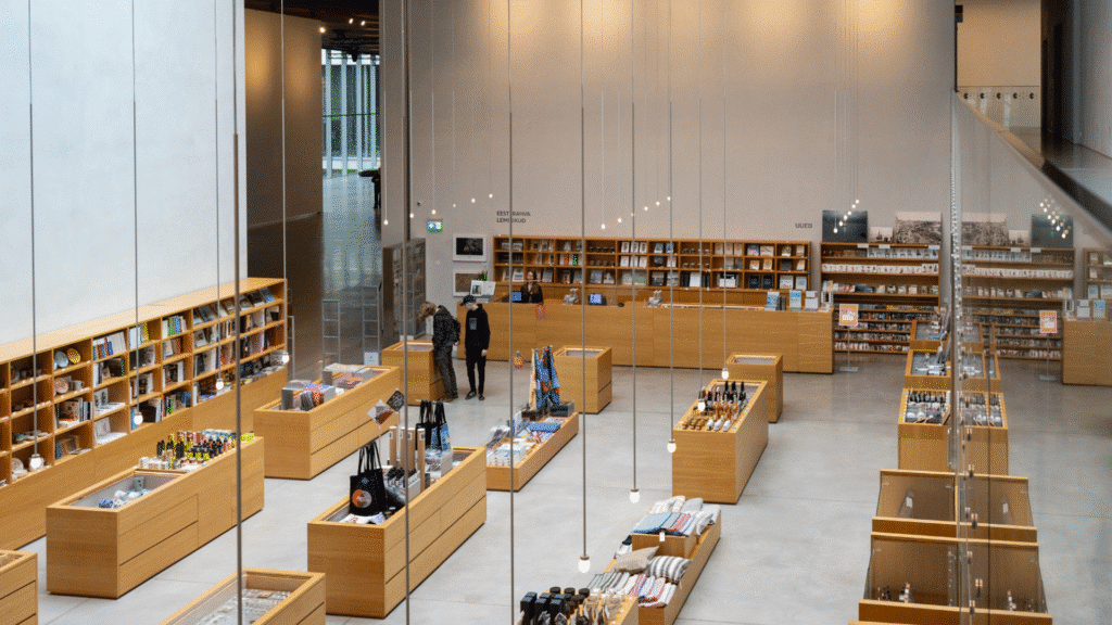 The shop of the Estonian National Museum in Tartu, offering books, souvenirs, and handicrafts