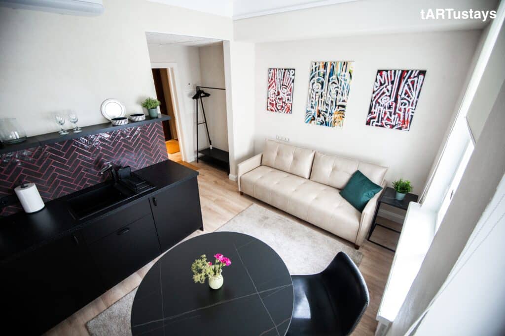 Tartu guest apartment's open kitchen and living room with a fold-out sofa.